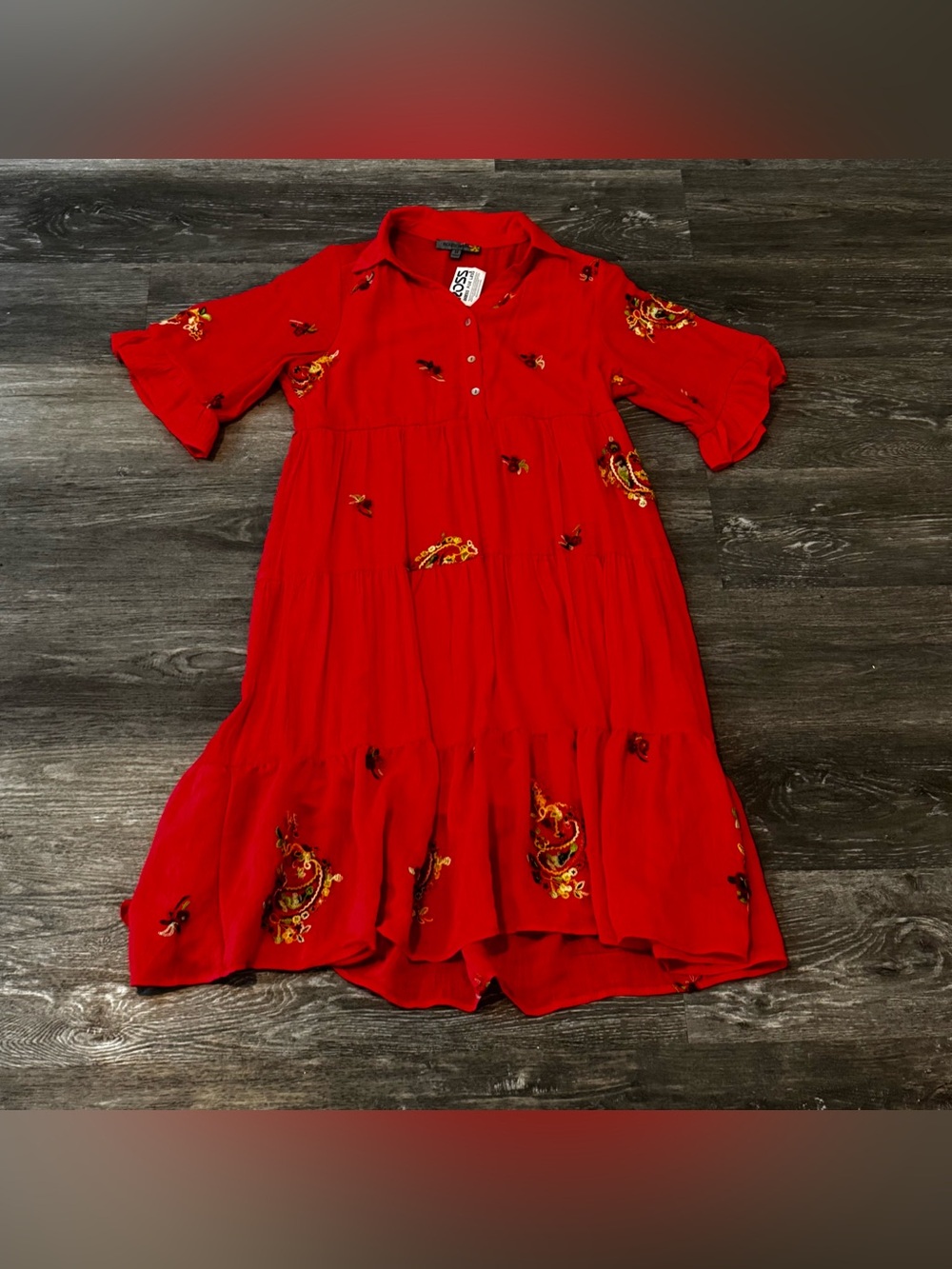 Embroidered Red Tiered Maxi Dress with Ruffle Hem
